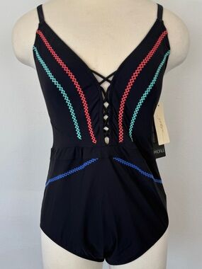 Gottex Profile Size 14 Black Embroidered Lattice Stitch One Piece Swimsuit NWT
